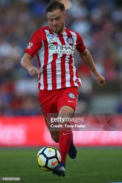 During the round 25 A-League match Scott Jamieson of Melbourne City controls the ball between the Newcastle Jets and Melbourne City at McDonald Jones...