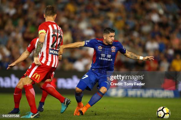 Dimitri Petratos of the Jets controls the ball during the round 25 A-League match between the Newcastle Jets and Melbourne City at McDonald Jones...