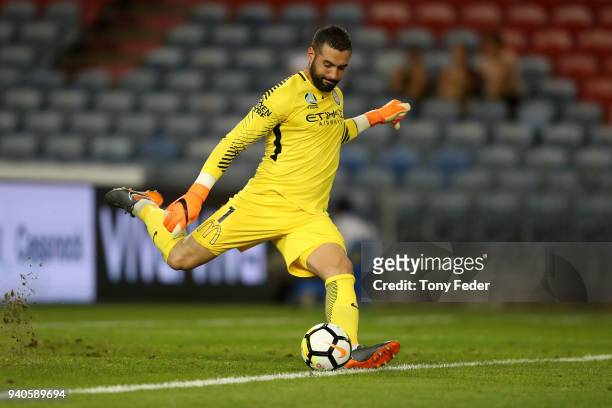 Dean Bouzanis of Melbourne City kicks out from goal during the round 25 A-League match between the Newcastle Jets and Melbourne City at McDonald...