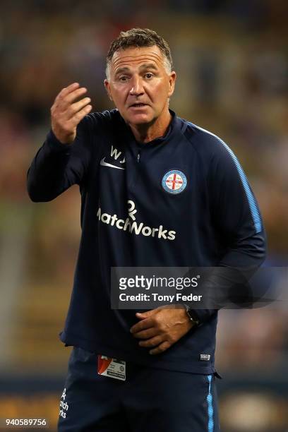 Warren Joyce coach of Melbourne City during the round 25 A-League match between the Newcastle Jets and Melbourne City at McDonald Jones Stadium on...