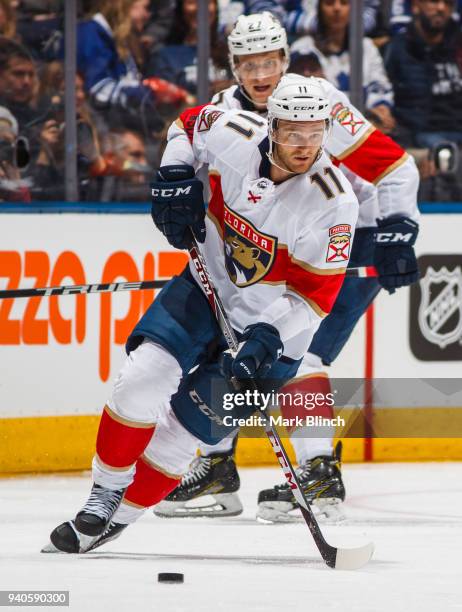 Jonathan Huberdeau of the Florida Panthers skates against the Toronto Maple Leafs during the third period at the Air Canada Centre on March 28, 2018...