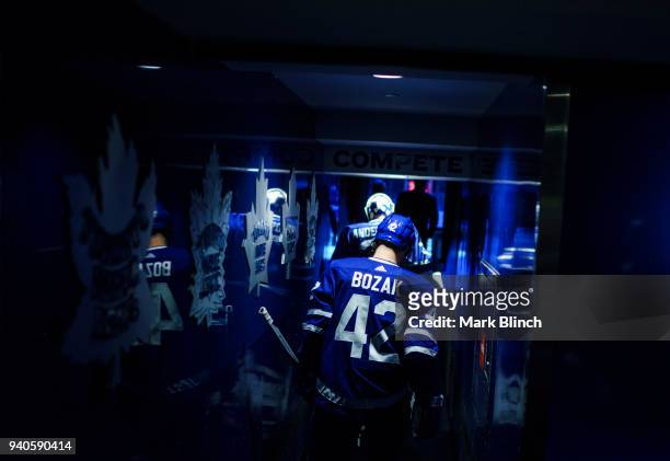 Tyler Bozak of the Toronto Maple Leafs walks to the ice before playing the Florida Panthers at the Air Canada Centre on March 28, 2018 in Toronto,...