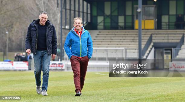 Host Wigald Boning and legendary goalkeeper Eike Immel are seen on set at TSV Eintracht Stadtallendorf football club during the shooting for the new...