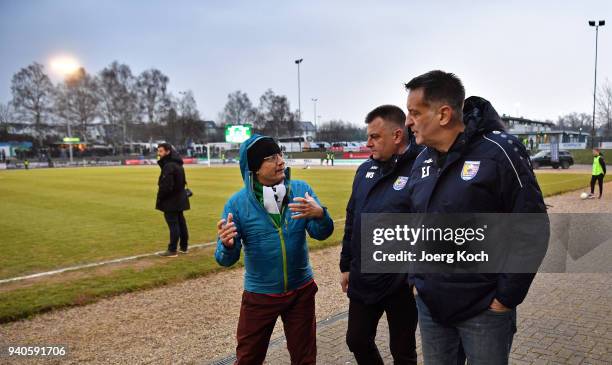 Legendary goalkeeper Eike Immel , header finance of TSV Eintracht Stadtallendorf Wolfgang Schratz and host Wigald Boning and are seen on set at TSV...