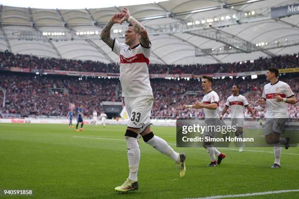Daniel Ginczek of Stuttgart celebrates after he scored a goal to make it 1:1 during the Bundesliga match between VfB Stuttgart and Hamburger SV at...