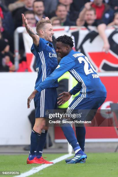 Lewis Holtby of Hamburg celebrates with Gideon Jung of Hamburg after he scored a goal to mare it 0:1 during the Bundesliga match between VfB...