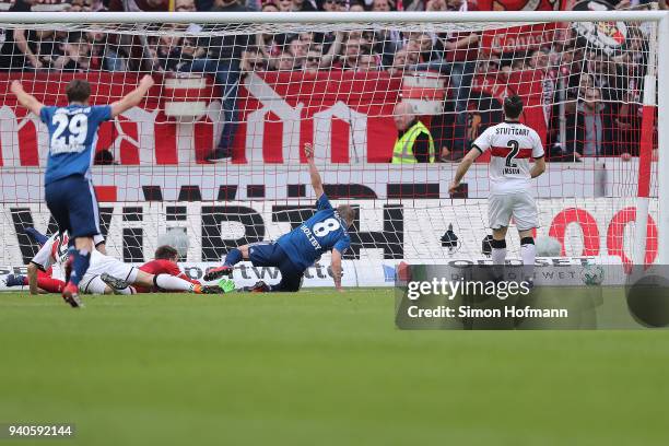 Lewis Holtby of Hamburg scores a goal to mare it 0:1 during the Bundesliga match between VfB Stuttgart and Hamburger SV at Mercedes-Benz Arena on...