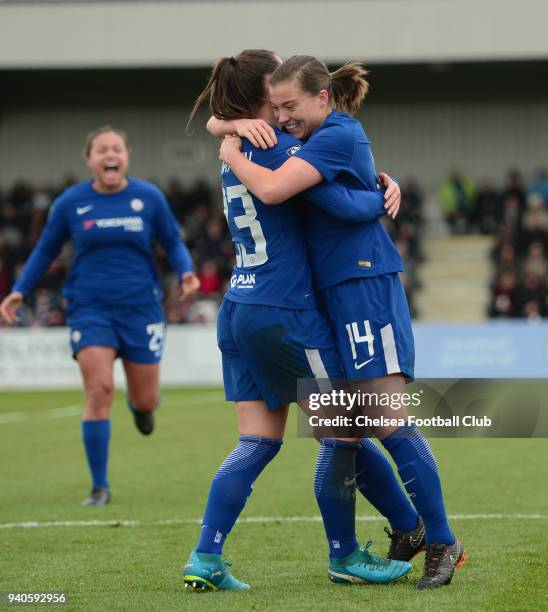 Fran Kirby of Chelsea celebrates with her team mates after she scores to make it 1-0 during a WSL match between Arsenal Ladies and Chelsea Ladies at...