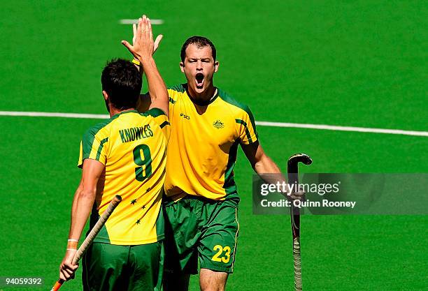 Brett Dancer and Mark Knowles of Australia celebrate a goal in the 2009 Hockey Champions Trophy 1st/2nd place play-off match between Australia and...