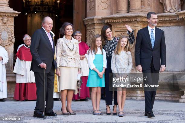 King Juan Carlos, Queen Sofia, Princess Sofia of Spain, Queen Letizia of Spain, Princess Leonor of Spain and King Felipe VI of Spain attend the...
