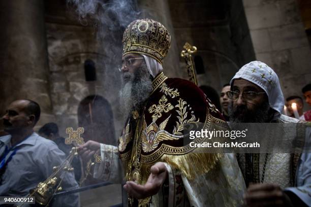 Pope Tawadros II leader of Egypt's Coptic Orthodox Church holds mass to celebrate Easter Sunday at the Church of the Holy Sepulchre in the Old City...