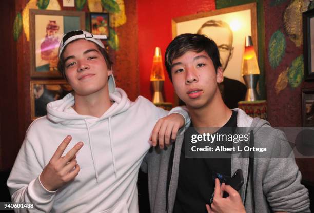 Matt Sato and Dylan Huey celebrate Connor Shane's Birthday held at Buca Di Beppo at Universal CityWalk on March 31, 2018 in Universal City, California