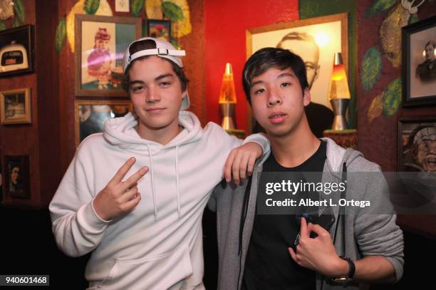 Matt Sato and Dylan Huey celebrate Connor Shane's Birthday held at Buca Di Beppo at Universal CityWalk on March 31, 2018 in Universal City, California