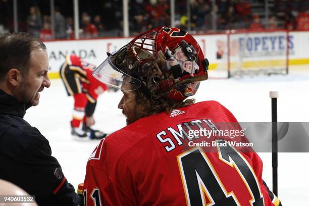 Mike Smith of the Calgary Flames skates against the Anaheim Ducks during an NHL game on January 6, 2018 at the Scotiabank Saddledome in Calgary,...