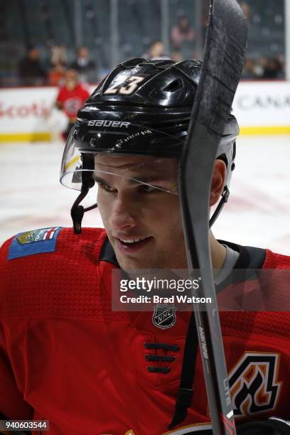 Sean Monahan of the Calgary Flames skates against the Anaheim Ducks during an NHL game on January 6, 2018 at the Scotiabank Saddledome in Calgary,...
