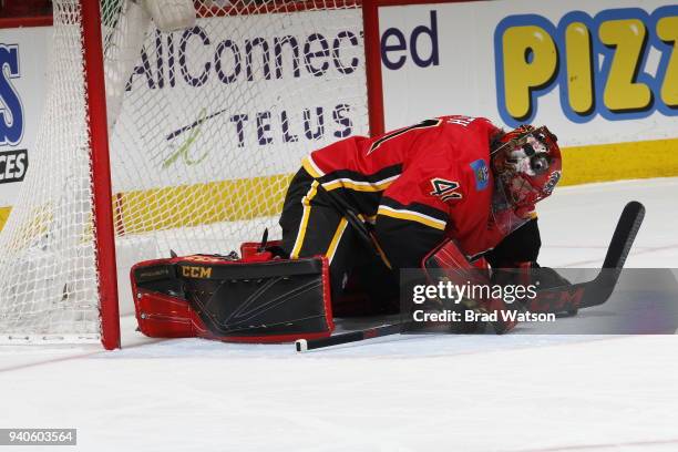 Mike Smith of the Calgary Flames skates against the Anaheim Ducks during an NHL game on January 6, 2018 at the Scotiabank Saddledome in Calgary,...