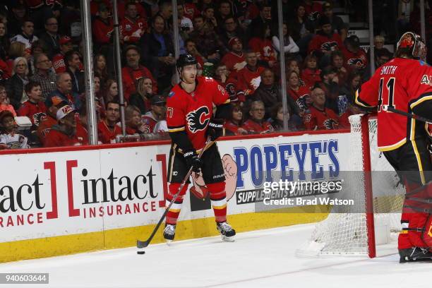 Dougie Hamilton of the Calgary Flames skates against the Anaheim Ducks during an NHL game on January 6, 2018 at the Scotiabank Saddledome in Calgary,...