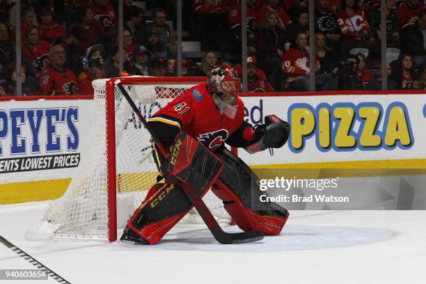 Mike Smith of the Calgary Flames skates against the Anaheim Ducks during an NHL game on January 6, 2018 at the Scotiabank Saddledome in Calgary,...