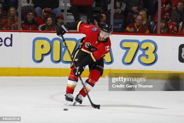 Brodie of the Calgary Flames skates against the Los Angeles Kings during an NHL game on January 24, 2018 at the Scotiabank Saddledome in Calgary,...