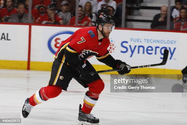Brodie of the Calgary Flames skates against the Los Angeles Kings during an NHL game on January 24, 2018 at the Scotiabank Saddledome in Calgary,...