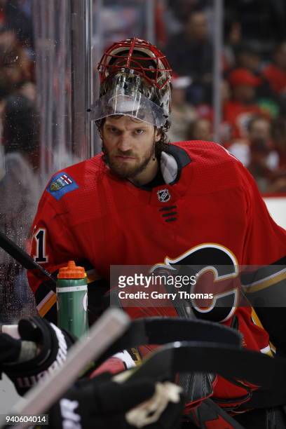 Mike Smith of the Calgary Flames skates against the Los Angeles Kings during an NHL game on January 24, 2018 at the Scotiabank Saddledome in Calgary,...