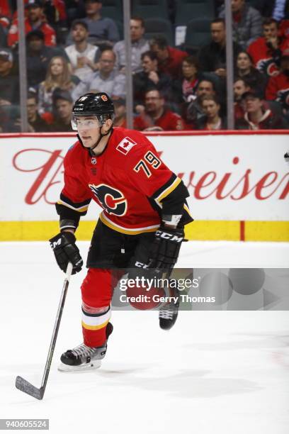 Micheal Ferland of the Calgary Flames skates against the Los Angeles Kings during an NHL game on January 24, 2018 at the Scotiabank Saddledome in...