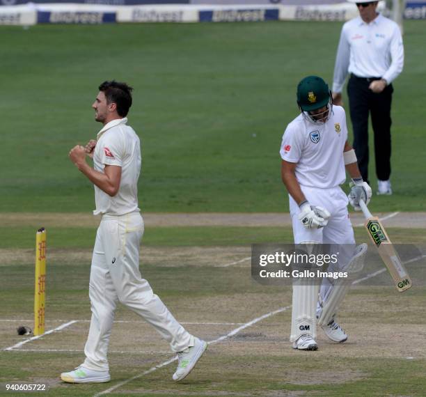 Pat Cummins of Australia celebrates the wicket of Aiden Markram of the Proteas during day 3 of the 4th Sunfoil Test match between South Africa and...