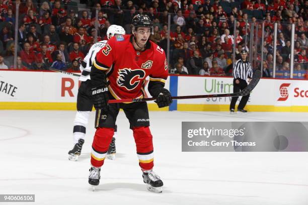 Sean Monahan of the Calgary Flames skates against the Los Angeles Kings during an NHL game on January 24, 2018 at the Scotiabank Saddledome in...