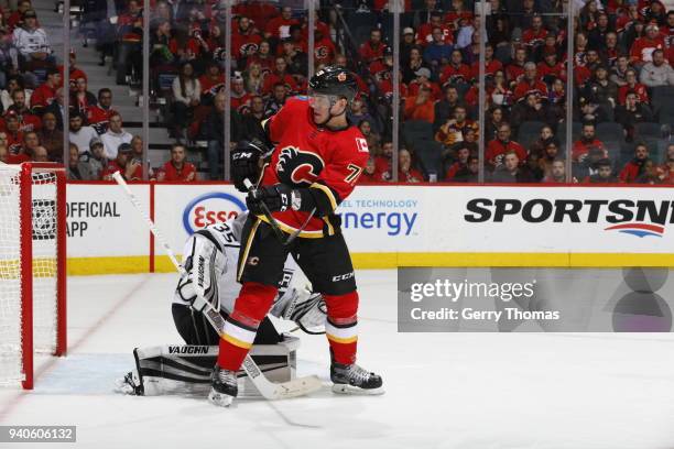 Micheal Ferland of the Calgary Flames skates against the Los Angeles Kings during an NHL game on January 24, 2018 at the Scotiabank Saddledome in...