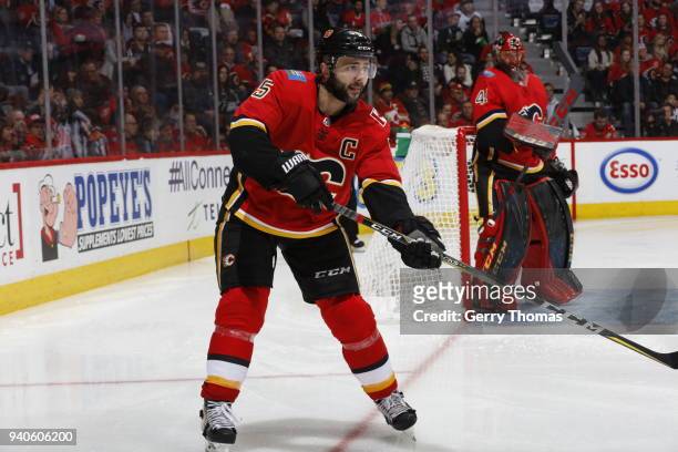Mark Giordano of the Calgary Flames skates against the Los Angeles Kings during an NHL game on January 24, 2018 at the Scotiabank Saddledome in...