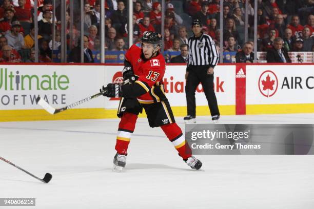 Johnny Gaudreau of the Calgary Flames skates against the Los Angeles Kings during an NHL game on January 24, 2018 at the Scotiabank Saddledome in...