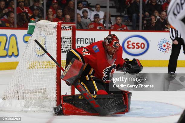 Mike Smith of the Calgary Flames skates against the Los Angeles Kings during an NHL game on January 24, 2018 at the Scotiabank Saddledome in Calgary,...