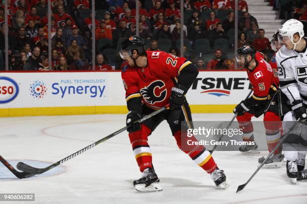 Travis Hamonic of the Calgary Flames skates against the Los Angeles Kings during an NHL game on January 24, 2018 at the Scotiabank Saddledome in...