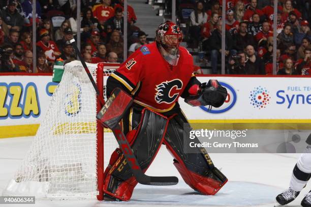 Mike Smith of the Calgary Flames skates against the Los Angeles Kings during an NHL game on January 24, 2018 at the Scotiabank Saddledome in Calgary,...