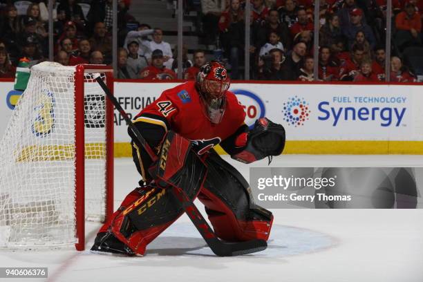 Mike Smith of the Calgary Flames skates against the Los Angeles Kings during an NHL game on January 24, 2018 at the Scotiabank Saddledome in Calgary,...