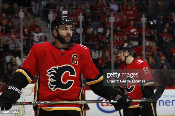 Mark Giordano of the Calgary Flames skates against the Los Angeles Kings during an NHL game on January 24, 2018 at the Scotiabank Saddledome in...