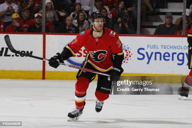 Dougie Hamilton of the Calgary Flames skates against the Chicago Blackhawks during an NHL game on February 3, 2018 at the Scotiabank Saddledome in...