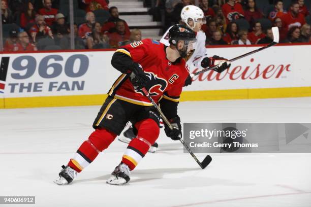 Mark Giordano of the Calgary Flames skates against the Chicago Blackhawks during an NHL game on February 3, 2018 at the Scotiabank Saddledome in...