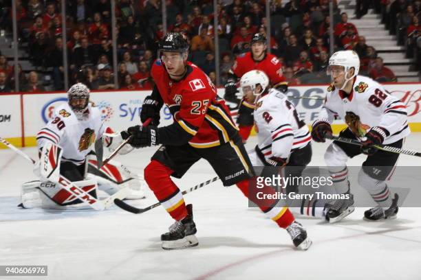 Sean Monahan of the Calgary Flames skates against the Chicago Blackhawks during an NHL game at the Scotiabank Saddledome on February 3, 2018 in...