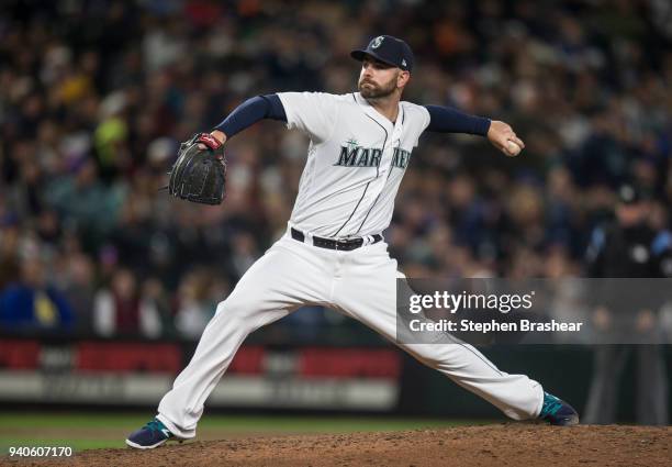 Reliever Marc Rzepczynski of the Seattle Mariners delivers a pitch during a game against the Cleveland Indians at Safeco Field on March 29, 2018 in...