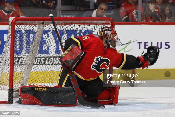 Mike Smith of the Calgary Flames skates against the Chicago Blackhawks during an NHL game on February 3, 2018 at the Scotiabank Saddledome in...