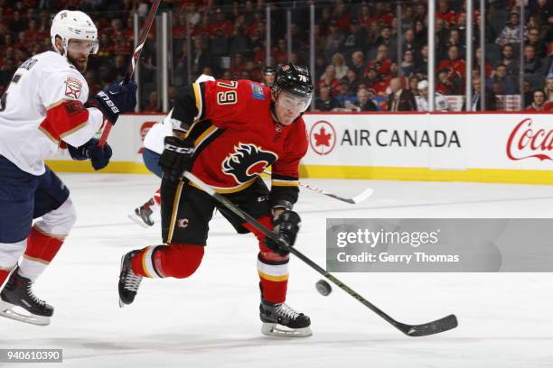 Micheal Ferland of the Calgary Flames skates against the Florida Panthers during an NHL game on February 17, 2018 at the Scotiabank Saddledome in...