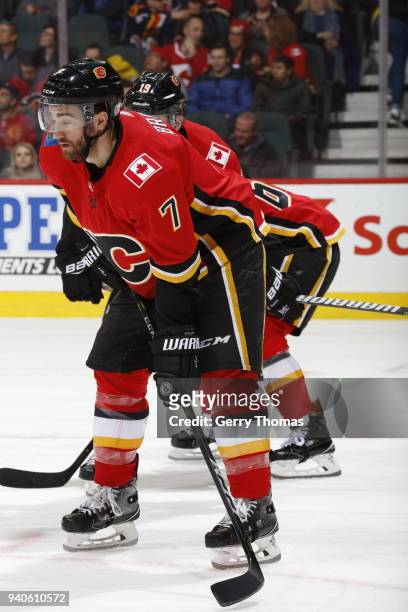 Brodie of the Calgary Flames skates against the Florida Panthers during an NHL game on February 17, 2018 at the Scotiabank Saddledome in Calgary,...