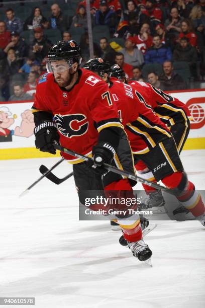 Brodie of the Calgary Flames skates against the Florida Panthers during an NHL game on February 17, 2018 at the Scotiabank Saddledome in Calgary,...