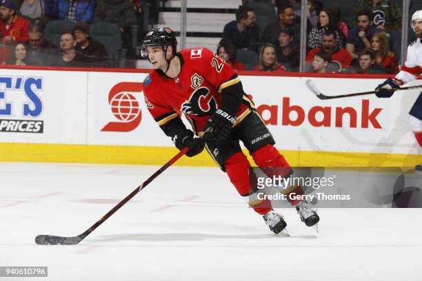 Sean Monahan of the Calgary Flames skates against the Florida Panthers during an NHL game on February 17, 2018 at the Scotiabank Saddledome in...