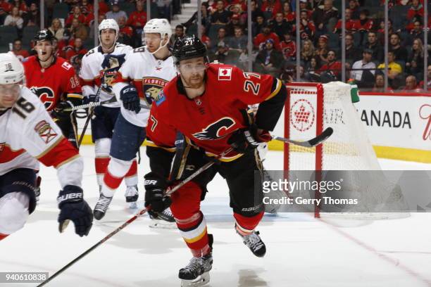 Dougie Hamilton of the Calgary Flames skates against the Florida Panthers during an NHL game on February 17, 2018 at the Scotiabank Saddledome in...