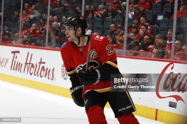 Sean Monahan of the Calgary Flames skates against the Florida Panthers during an NHL game on February 17, 2018 at the Scotiabank Saddledome in...
