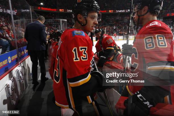 Johnny Gaudreau of the Calgary Flames gestures during an NHL game on February 24, 2018 at the Scotiabank Saddledome in Calgary, Alberta, Canada.