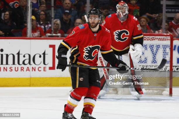 Brodie of the Calgary Flames skates against the Colorado Avalanche during an NHL game on February 24, 2018 at the Scotiabank Saddledome in Calgary,...