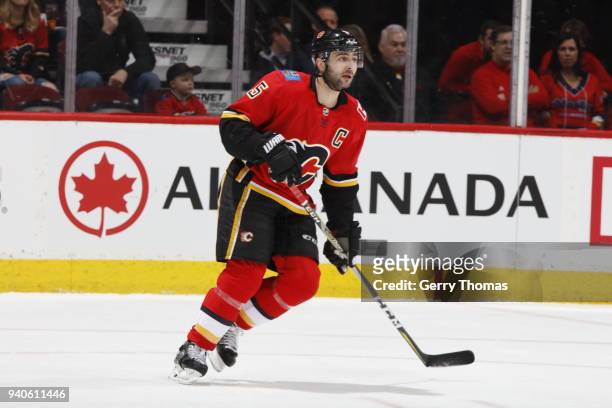 Mark Giordano of the Calgary Flames skates against the Colorado Avalanche during an NHL game on February 24, 2018 at the Scotiabank Saddledome in...